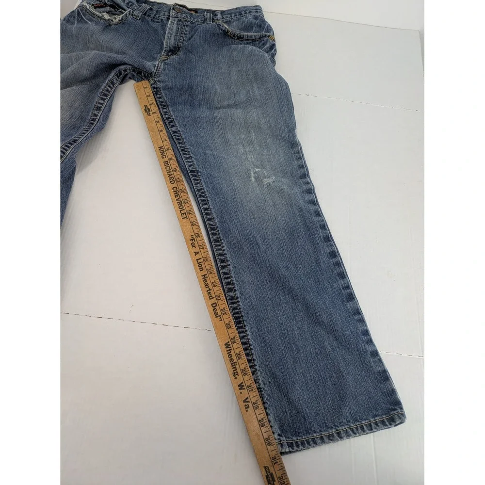 Ariat FR M4 Low Rise Boot Cut Jeans Mens 35x32 Blue Distressed Thrashed Workwear